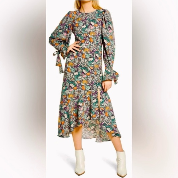 TopShop Boho Floral Maxi Dress Long Puff Sleeves w Wrist Ties Size 8 ASOS - Picture 1 of 16